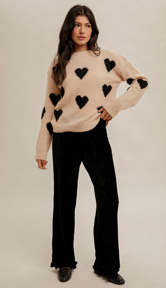 Hearts Crew Sweater- Taupe/Black