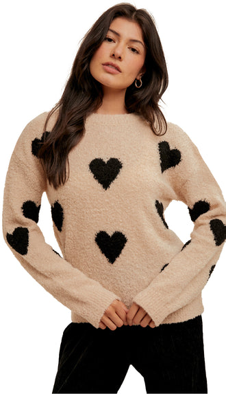 Hearts Crew Sweater- Taupe/Black