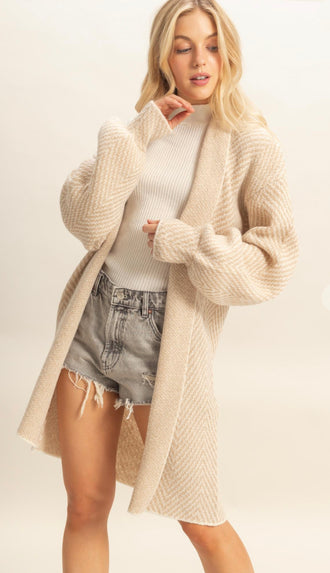 Greta Herringbone Sweater Cardigan- Taupe