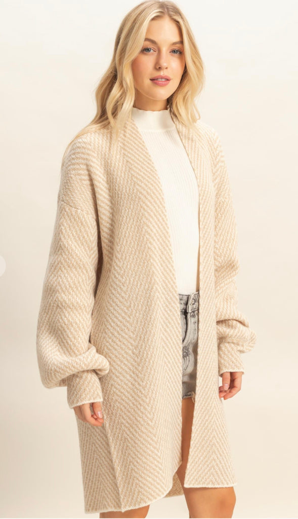 Greta Herringbone Sweater Cardigan- Taupe