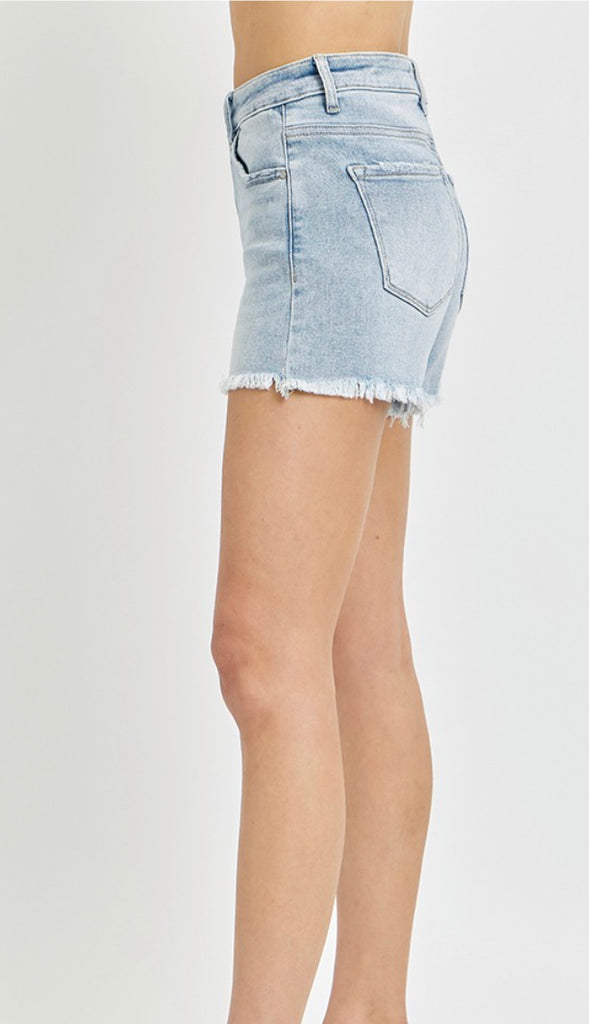 High Rise Fray Hem Shorts- Light Wash