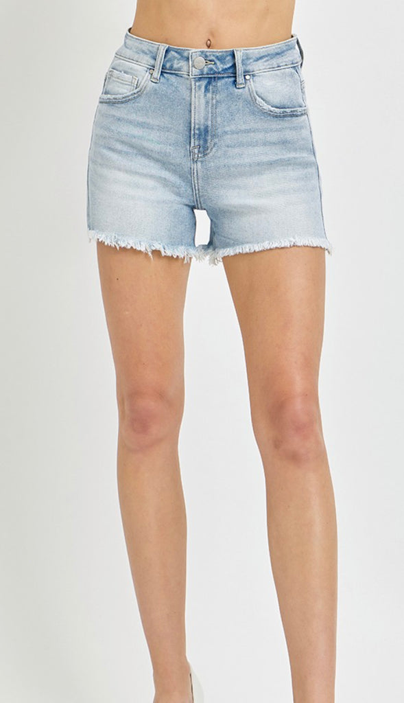 High Rise Fray Hem Shorts- Light Wash