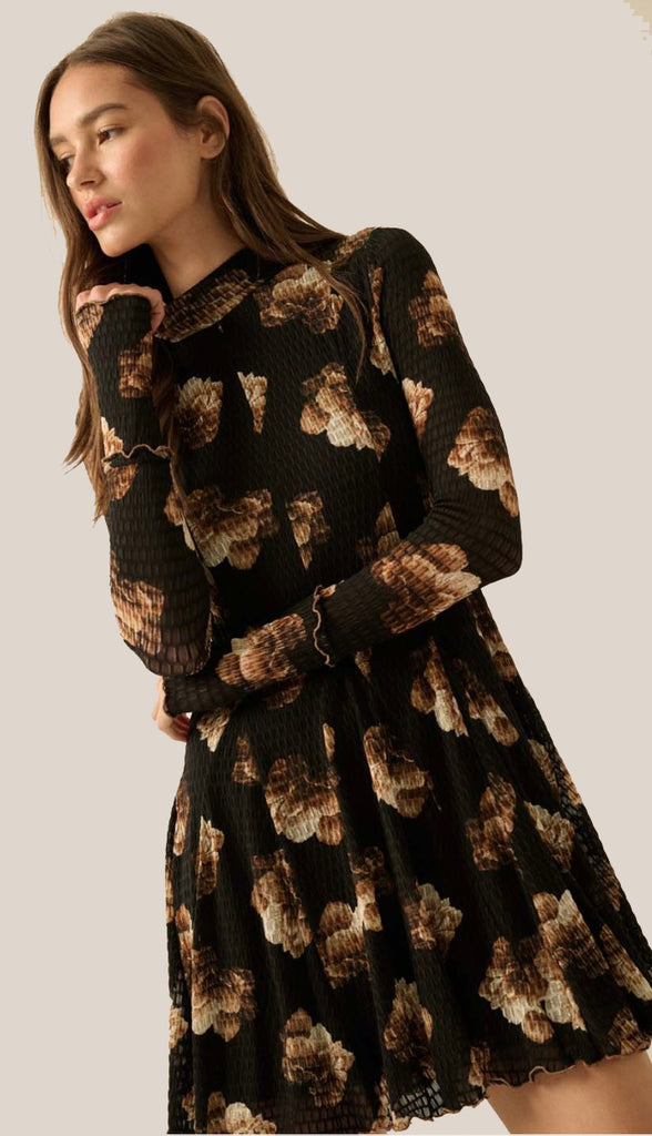 Honeycomb Mesh Long Sleeve Dress- Taupe/Black