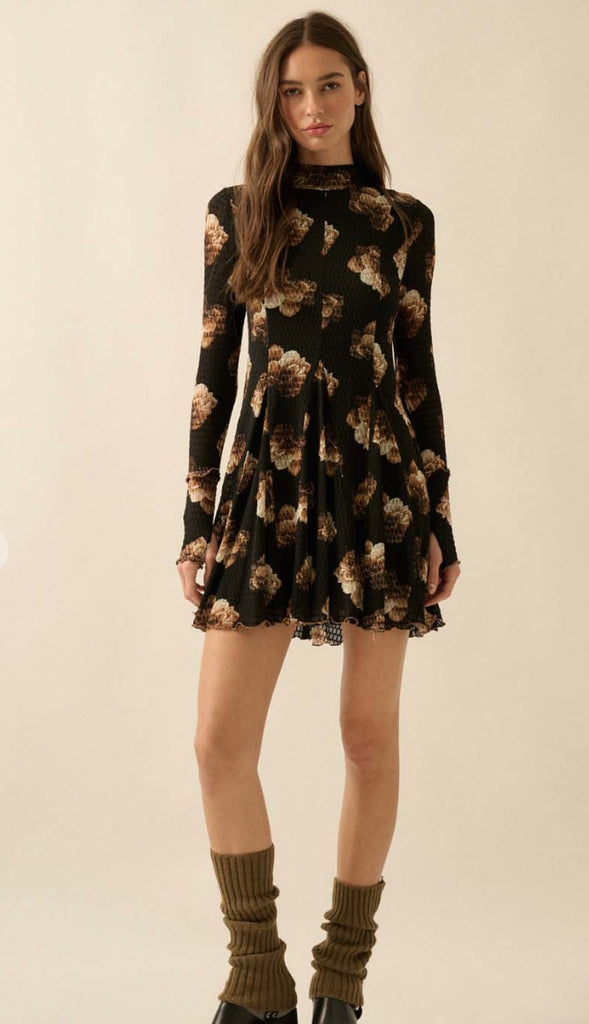 Honeycomb Mesh Long Sleeve Dress- Taupe/Black