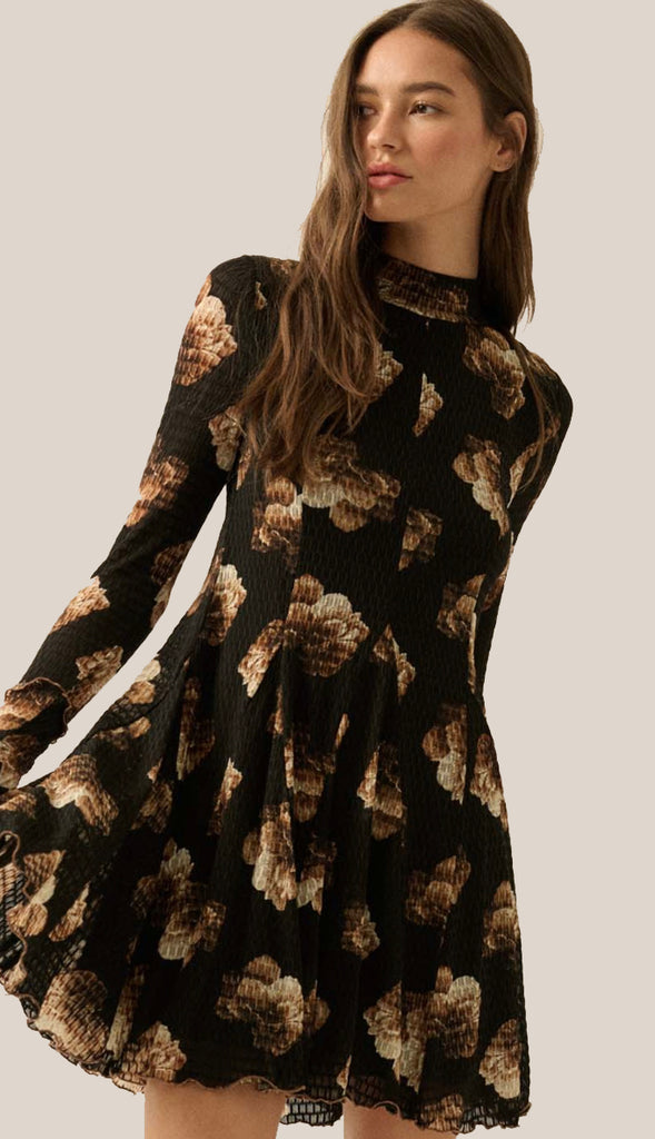 Honeycomb Mesh Long Sleeve Dress- Taupe/Black