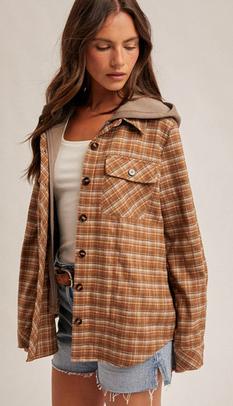 Colorado Boulders Button Down Hoodie Plaid- Caramel