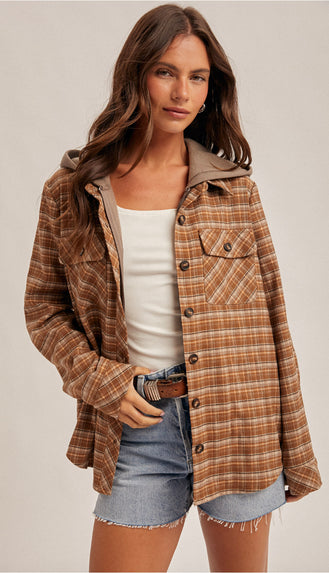 Colorado Boulders Button Down Hoodie Plaid- Caramel