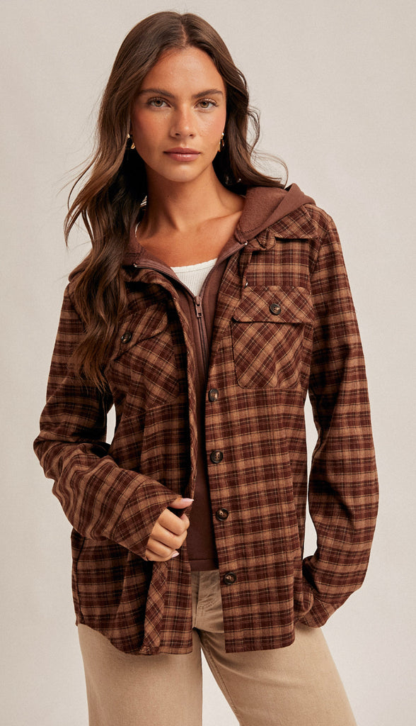 Colorado Boulders Button Down Hoodie Plaid- Roasted Chestnut