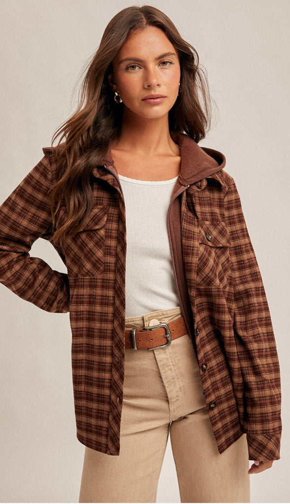 Colorado Boulders Button Down Hoodie Plaid- Caramel