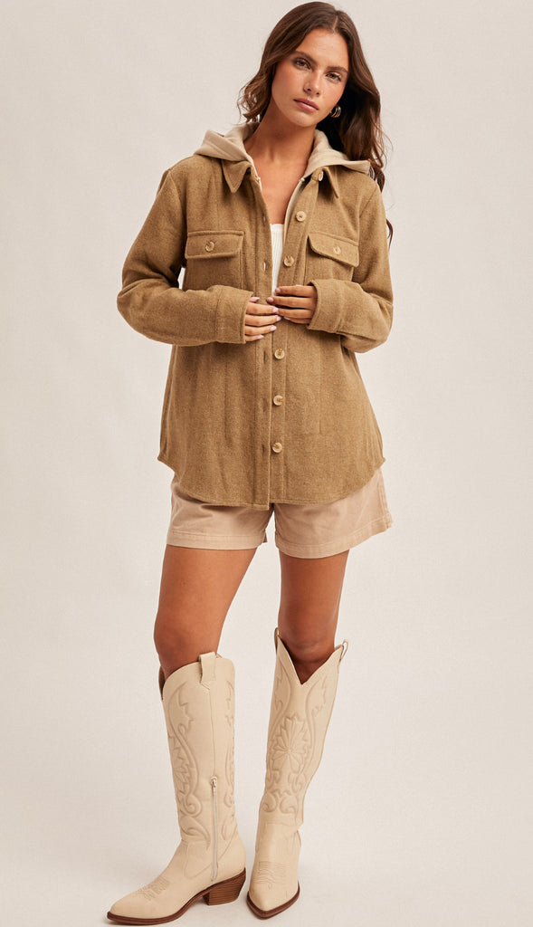 Lainee Contrast Hoodie Button Shacket- Mocha