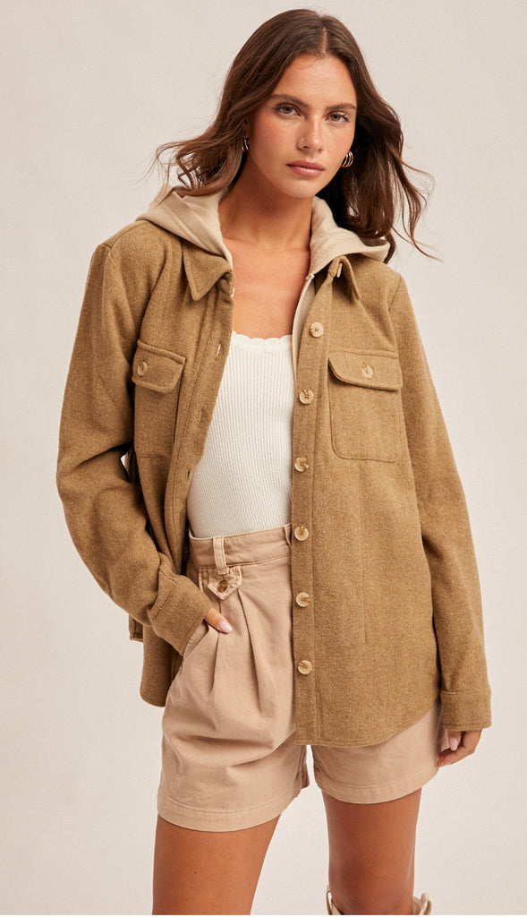 Lainee Contrast Hoodie Button Shacket- Mocha