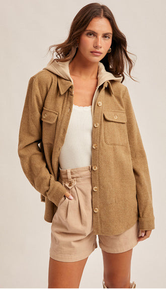Lainee Contrast Hoodie Button Shacket- Mocha
