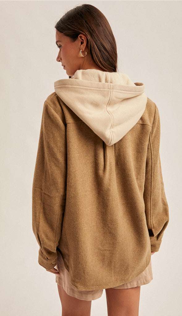 Lainee Contrast Hoodie Button Shacket- Mocha