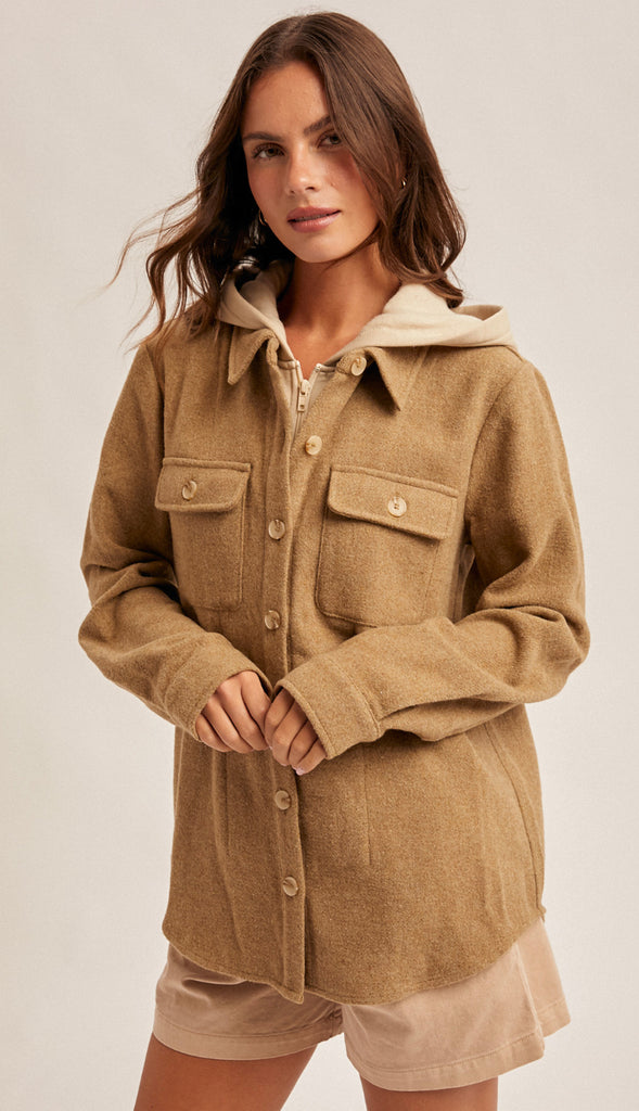 Lainee Contrast Hoodie Button Shacket- Mocha