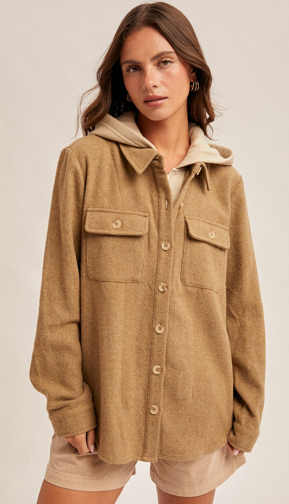 Lainee Contrast Hoodie Button Shacket- Mocha