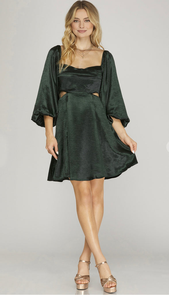 Evelyn Satin Cut Out Dress- Hunter Green