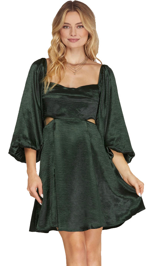 Evelyn Satin Cut Out Dress- Hunter Green