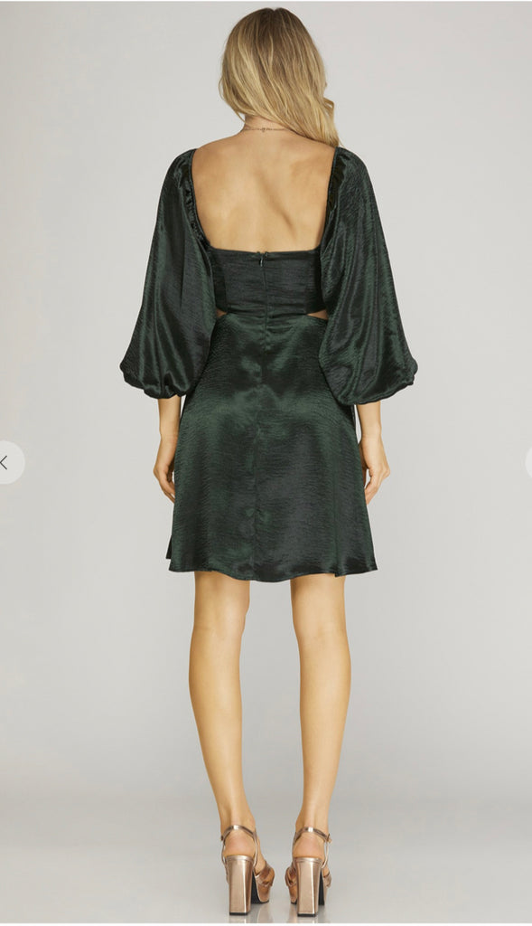 Evelyn Satin Cut Out Dress- Hunter Green