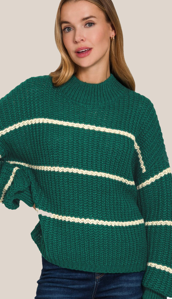 Mac Striped Mock Neck Sweater- Cream/Dark Green