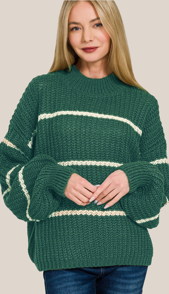 Mac Striped Mock Neck Sweater- Cream/Dark Green