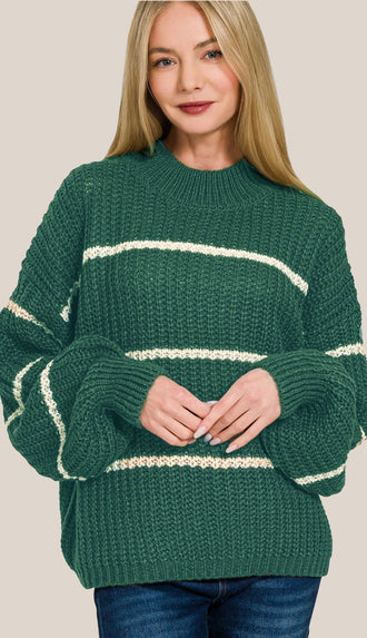 Mac Striped Mock Neck Sweater- Cream/Dark Green