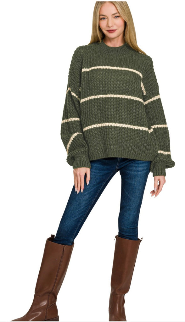 Mac Striped Mock Neck Sweater- Cream/Dark Green