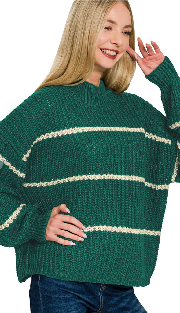 Mac Striped Mock Neck Sweater- Cream/Dark Green