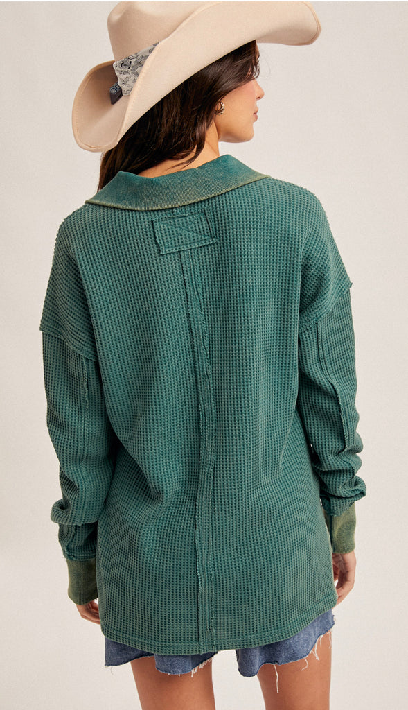 Kelli Washed Thermal Oversized Top- Forest Green