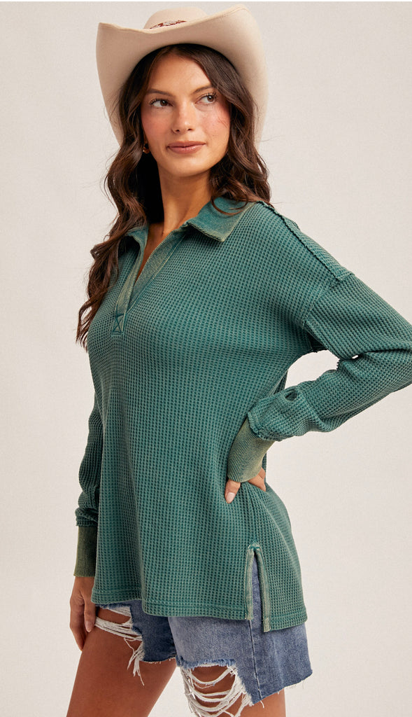 Kelli Washed Thermal Oversized Top- Forest Green