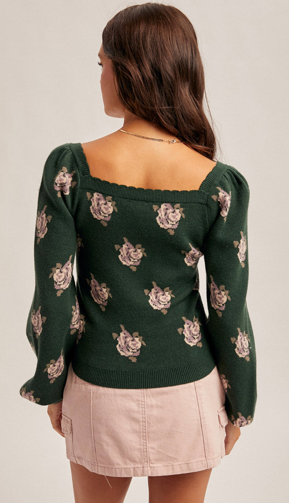 Emerson Square Neck Puff Sleeve Floral Sweater- Hunter Green