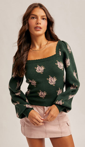 Emerson Square Neck Puff Sleeve Floral Sweater- Hunter Green