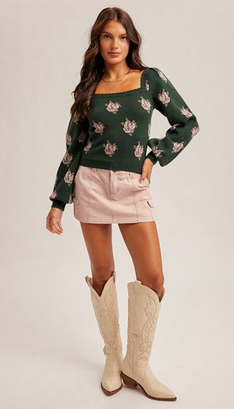 Emerson Square Neck Puff Sleeve Floral Sweater- Hunter Green