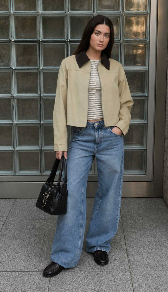 Corduroy Contrast Collar Zip Up Jacket- Khaki