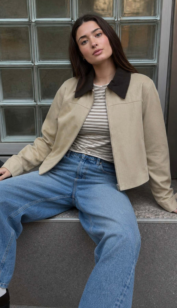 Corduroy Contrast Collar Zip Up Jacket- Khaki