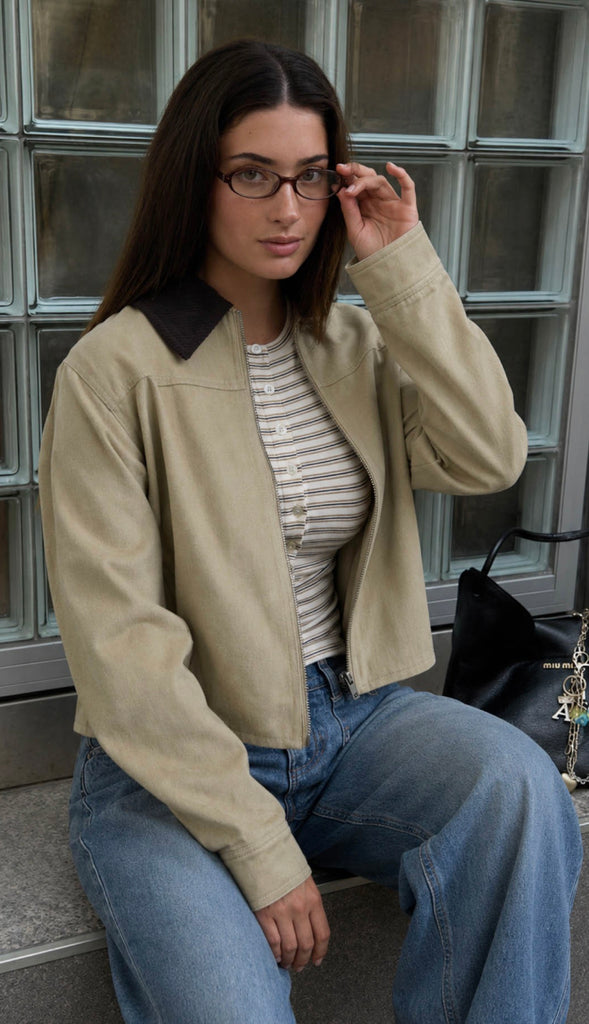 Corduroy Contrast Collar Zip Up Jacket- Khaki