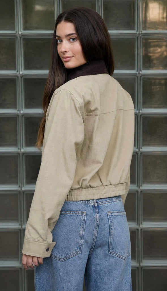 Corduroy Contrast Collar Zip Up Jacket- Khaki