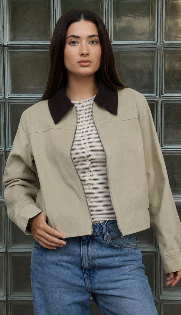 Corduroy Contrast Collar Zip Up Jacket- Khaki