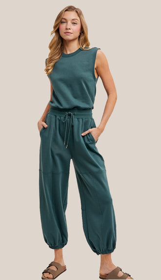 Drawstring Waist Sleeveless Knit Active Jumpsuit- Hunter Green