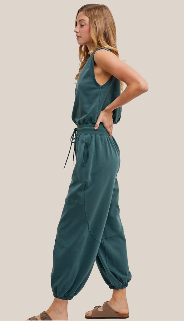Drawstring Waist Sleeveless Knit Active Jumpsuit- Hunter Green