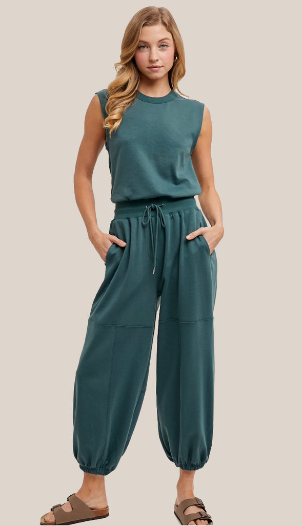 Drawstring Waist Sleeveless Knit Active Jumpsuit- Hunter Green