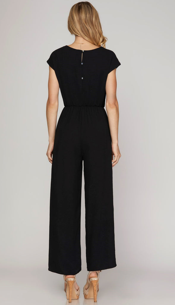 She's Got It Short Sleeve Front Tie Jumpsuit- Black