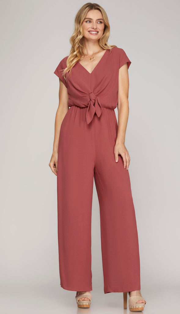 She's Got It Front Tie Jumpsuit- Mauve