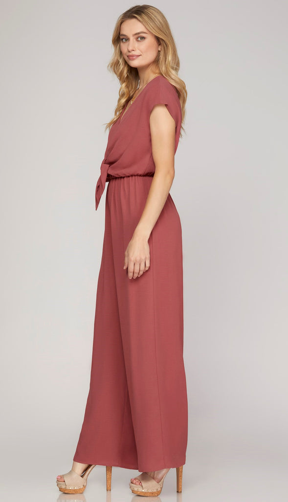 She's Got It Front Tie Jumpsuit- Mauve