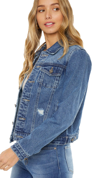 Kancan Distressed Denim Jacket- Med Wash