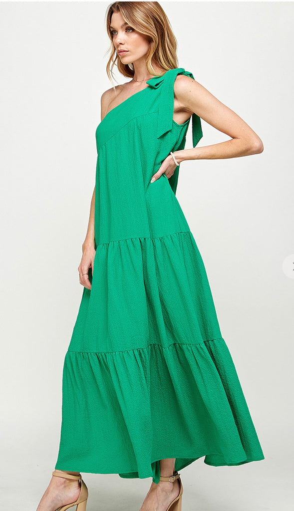 Midori One Shoulder Bow Tiered Maxi Dress- Green