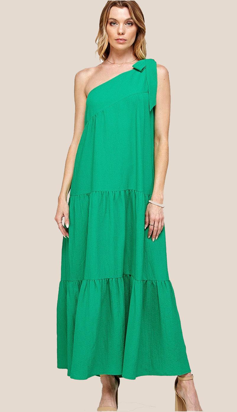 Midori One Shoulder Bow Tiered Maxi Dress- Green Midori One Shoulder Bow Tiered Maxi Dress- Green