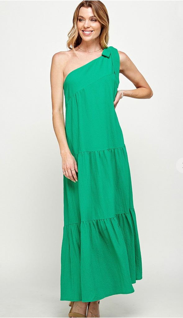 Midori One Shoulder Bow Tiered Maxi Dress- Green