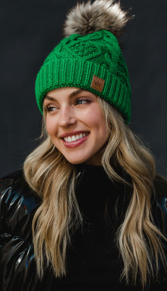 Cable Knit Pom Beanie- Kelly Green