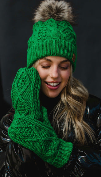 Cable Knit Pom Beanie- Kelly Green