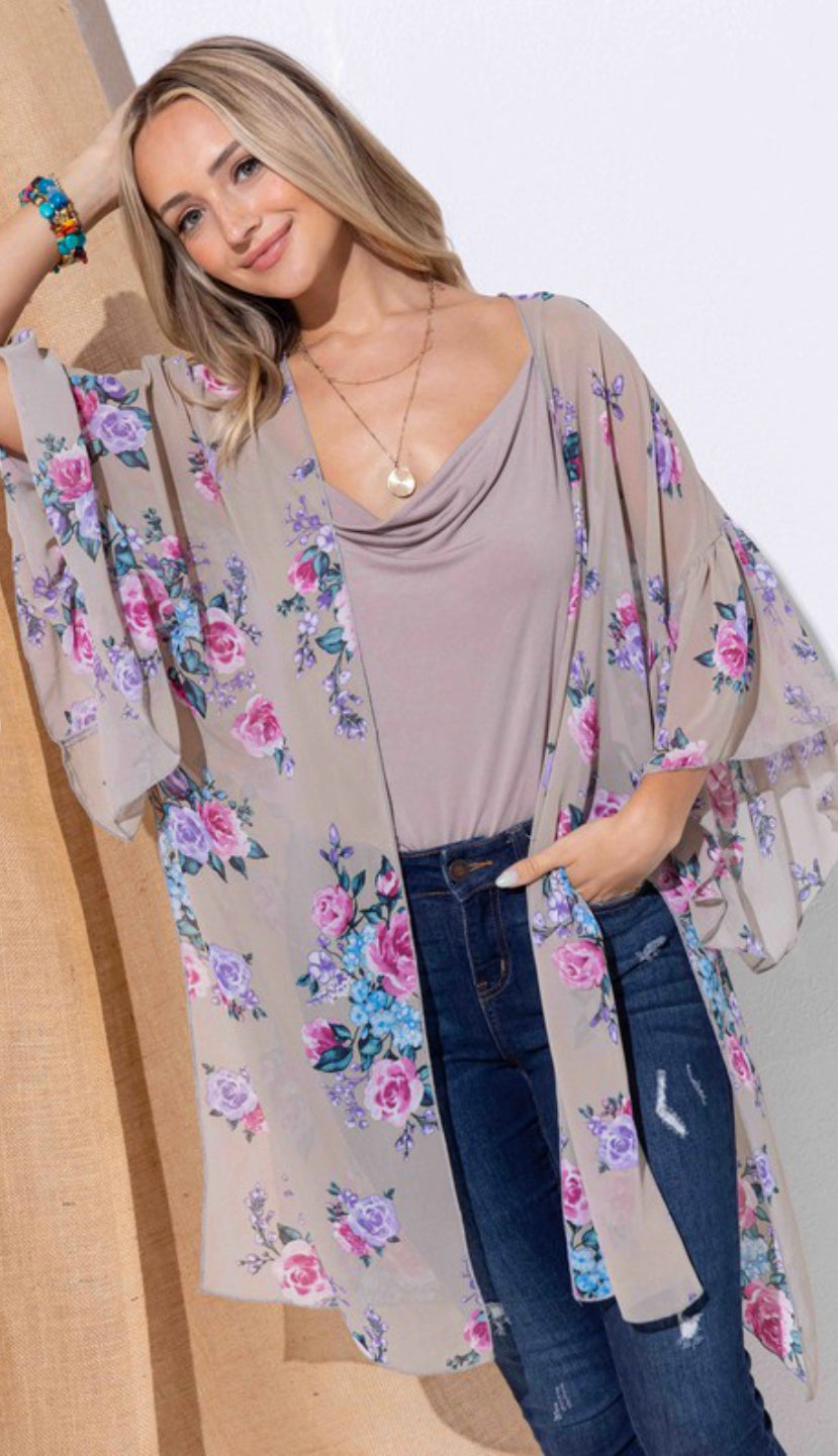 Light And Airy Floral Kimono- Ivory Blue